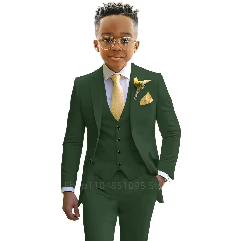 Stylish Boys Suit Wedding Tuxedo Solid Peak Lapel Jacket Vest Pants Party Prom 3 Piece Set Kids Formal Outfit 2-18 Years Old