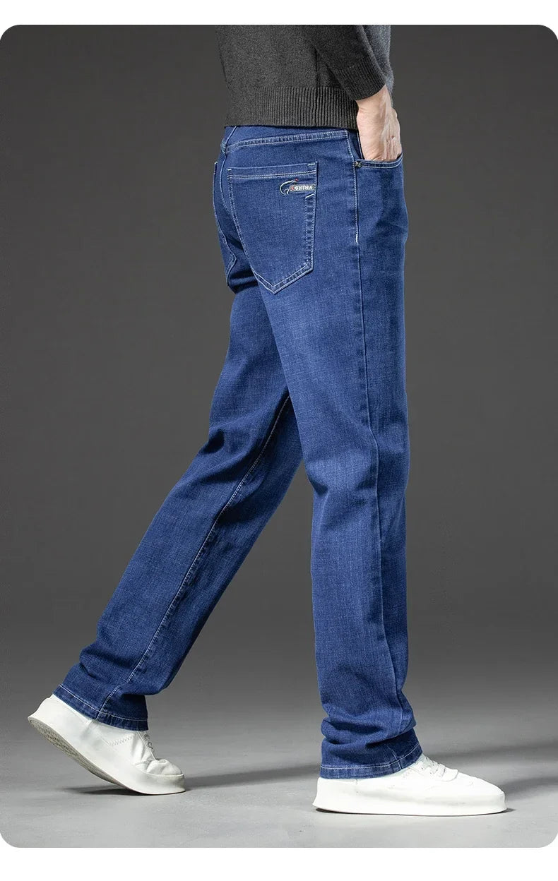 2025 Spring Autumn Men's Straight Jeans Denim Pants Classic Style Business Stretch Casual Trousers Large Size 40 42 44 46
