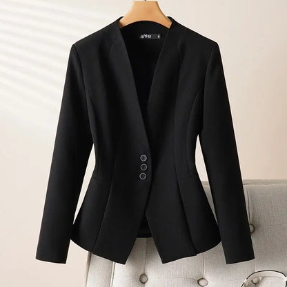 2026 New Short Little Blazer Coat Female Spring Autumn Fashion Collarless Suit Jacket Woman White Outerwear Slim V-neck  Outcoat