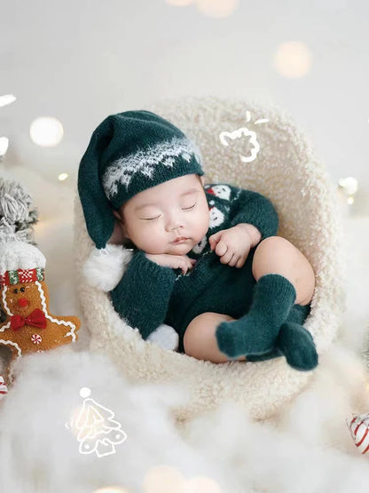 Christmas Baby Clothing Newborn Boy Girl Photography Santa Claus Costumes Sets Green Knitted Romper Stockings Hat 3pcs for Xmas