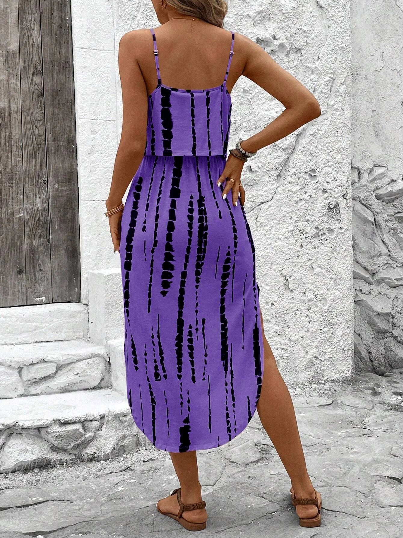 Women's Summer Spaghetti Strap Dress with Belt & Side Slit - Casual Sleeveless Flowy Dress