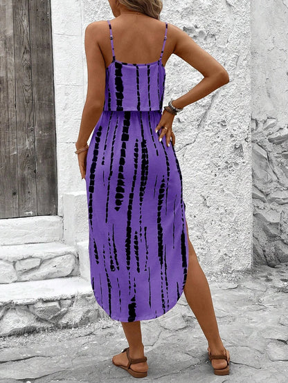 Women's Summer Spaghetti Strap Dress with Belt & Side Slit - Casual Sleeveless Flowy Dress