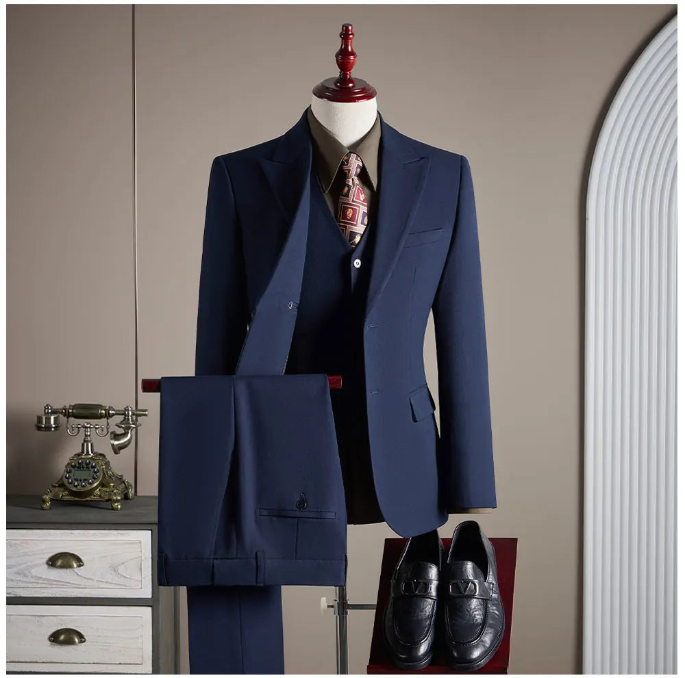 High-End Wool Suit Set for Men, Fashionable and Stylish Business Casual Three-Piece Suit, Tencel Suit, Groom's Wedding Dress
