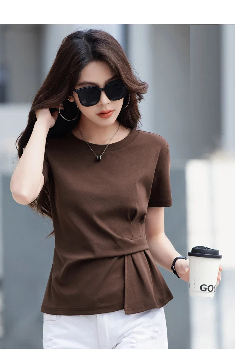 Women's summer new cotton irregular top short sleeved round neck casual women's short sleeved top T-shirt