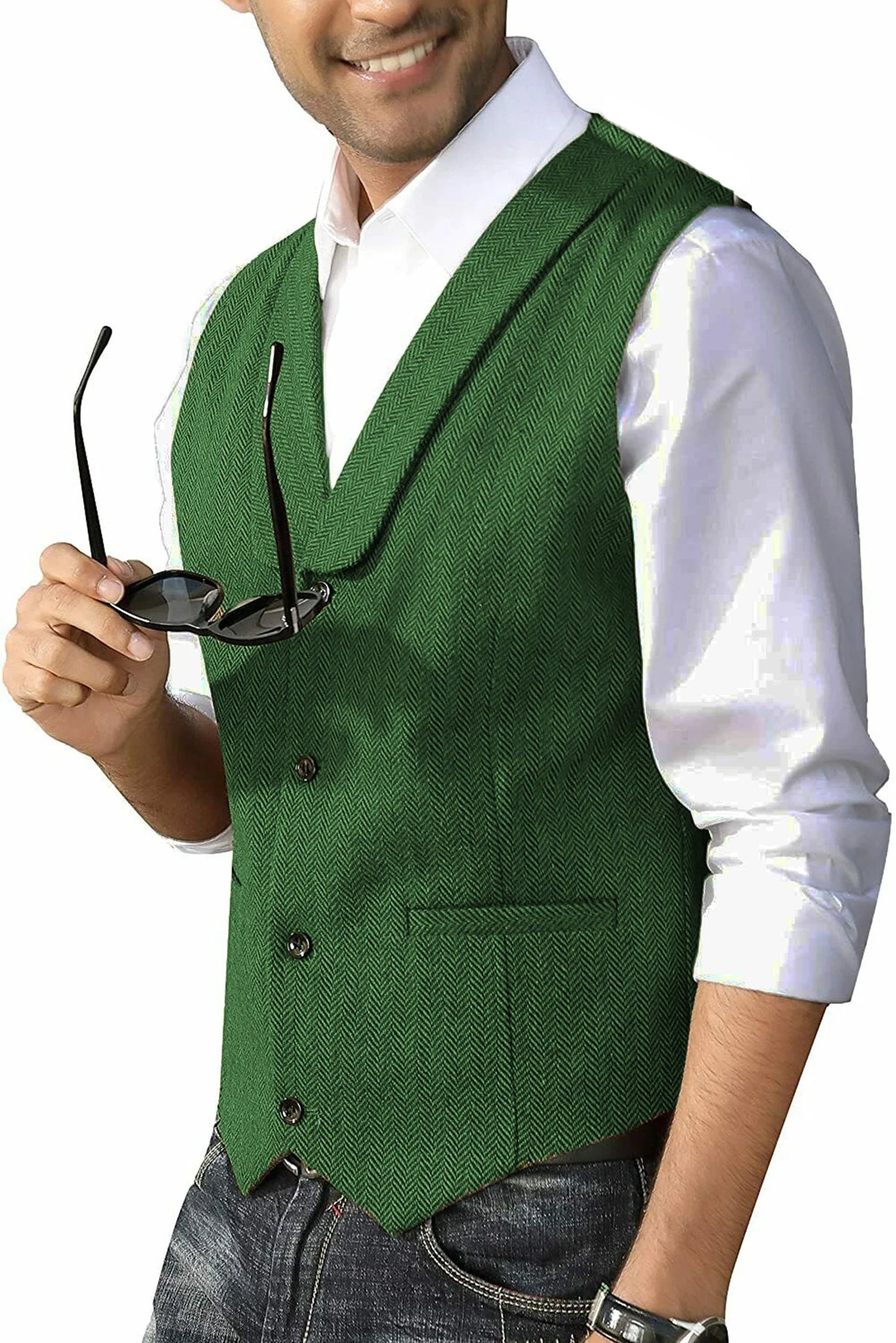 Men's Casual Suit Vest Shawl Lapel Wool Tweed Herringbone Dress Waistcoat for Wedding Party Dinner Herringbone Vests