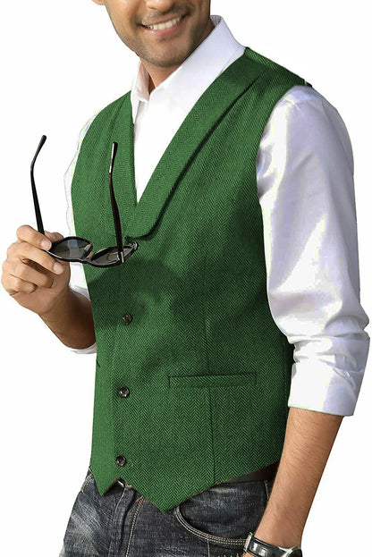 Men's Casual Suit Vest Shawl Lapel Wool Tweed Herringbone Dress Waistcoat for Wedding Party Dinner Herringbone Vests
