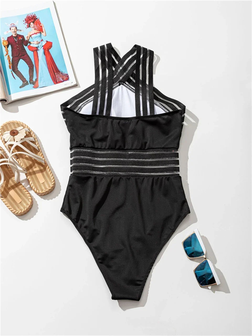Solid Mesh Tape Swimsuit 2026 One Piece Sexy High Neck Swimwear Women Cross Front Bathing Suit Female Padded Beachwear Bodysuit