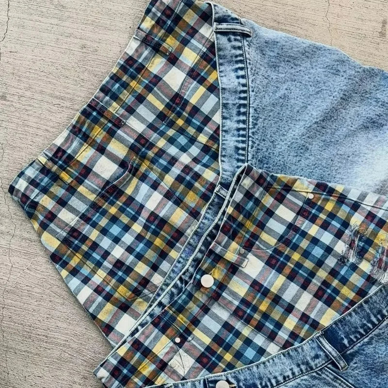 Mens Jeans Vintage Plaid Patchwork Denim Pants Harajuku Unisex Loose Fit Wide Leg Floor Length Hip Hop Streetwear Fashion Trend