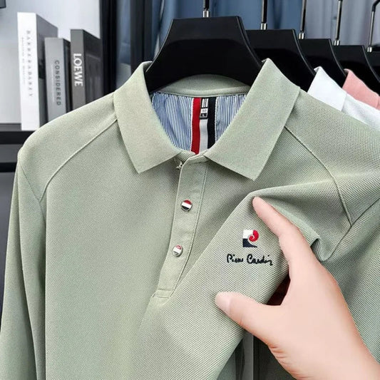 Original Design Men's Polo Shirt Lapel Long Sleeve T-Shirt Autumn New Solid Exquisite Letter Embroider Business Smart Menswear