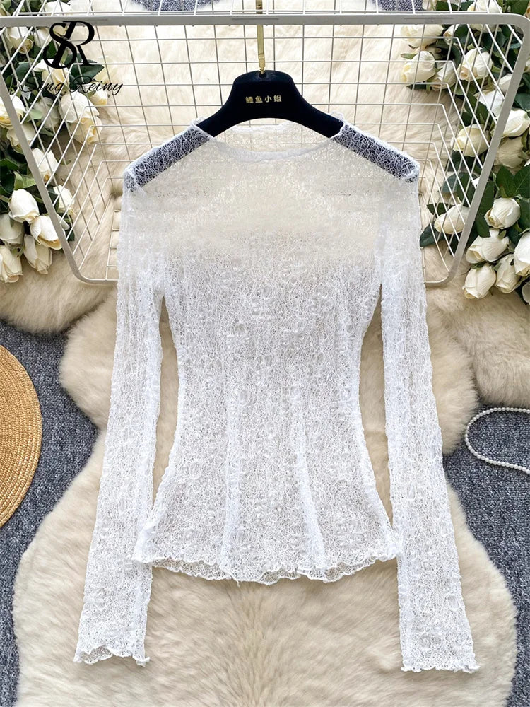 Autumn Streetwear Tops Suits Women O Neck Full Sleeves Thin Sheer Lace Shirts+Sleeveless Outerwear Ruffles Tank Top