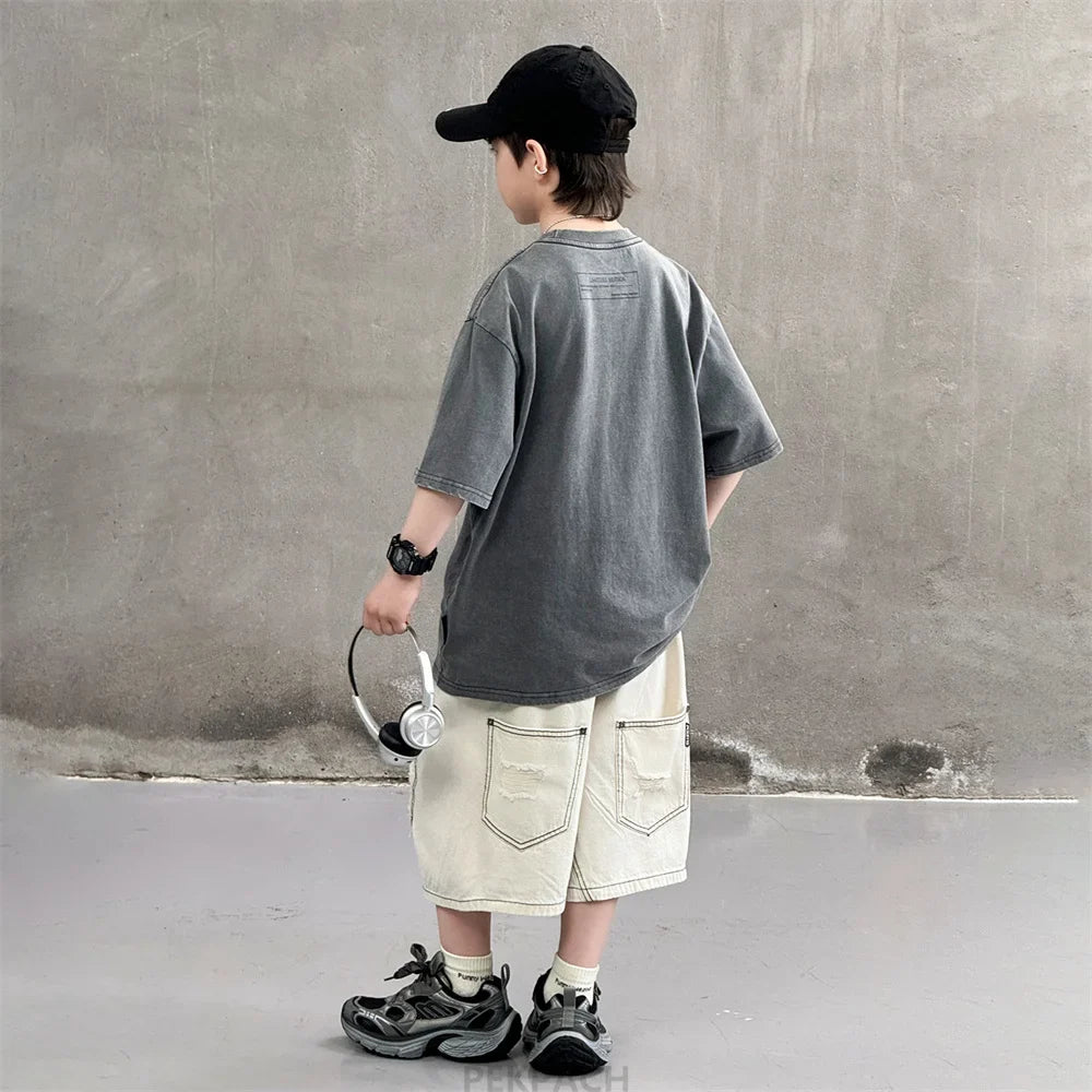 Cool Style Teenager Summer Set T-shirt And Ripped Denim Shorts Clothing Set for Kids Boy Age 7 To 14 Years Children Clothes Suit