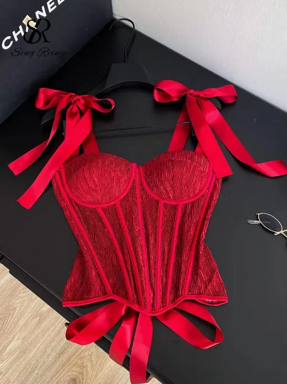 Luxury Party Corset Top Ladies French Style Lace Up Texture Senior Sexy Camisole Summer Retro Sensual Bodycon Tank Top