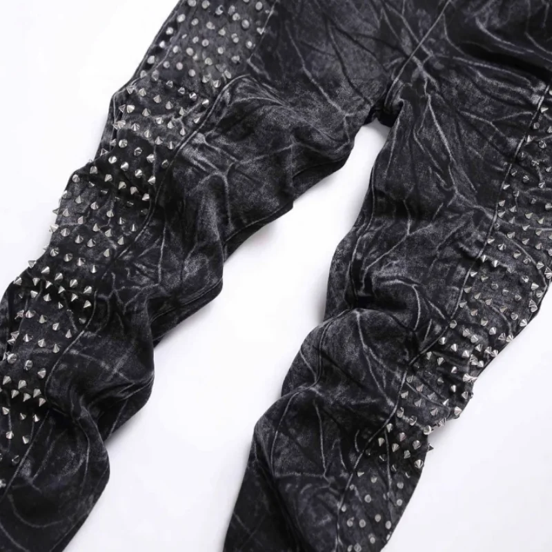 2025 Four Seasons New Retro Punk High Street Trendy Black Washed Outdated Slimming and Outdated Willow Nail Men's Jeans
