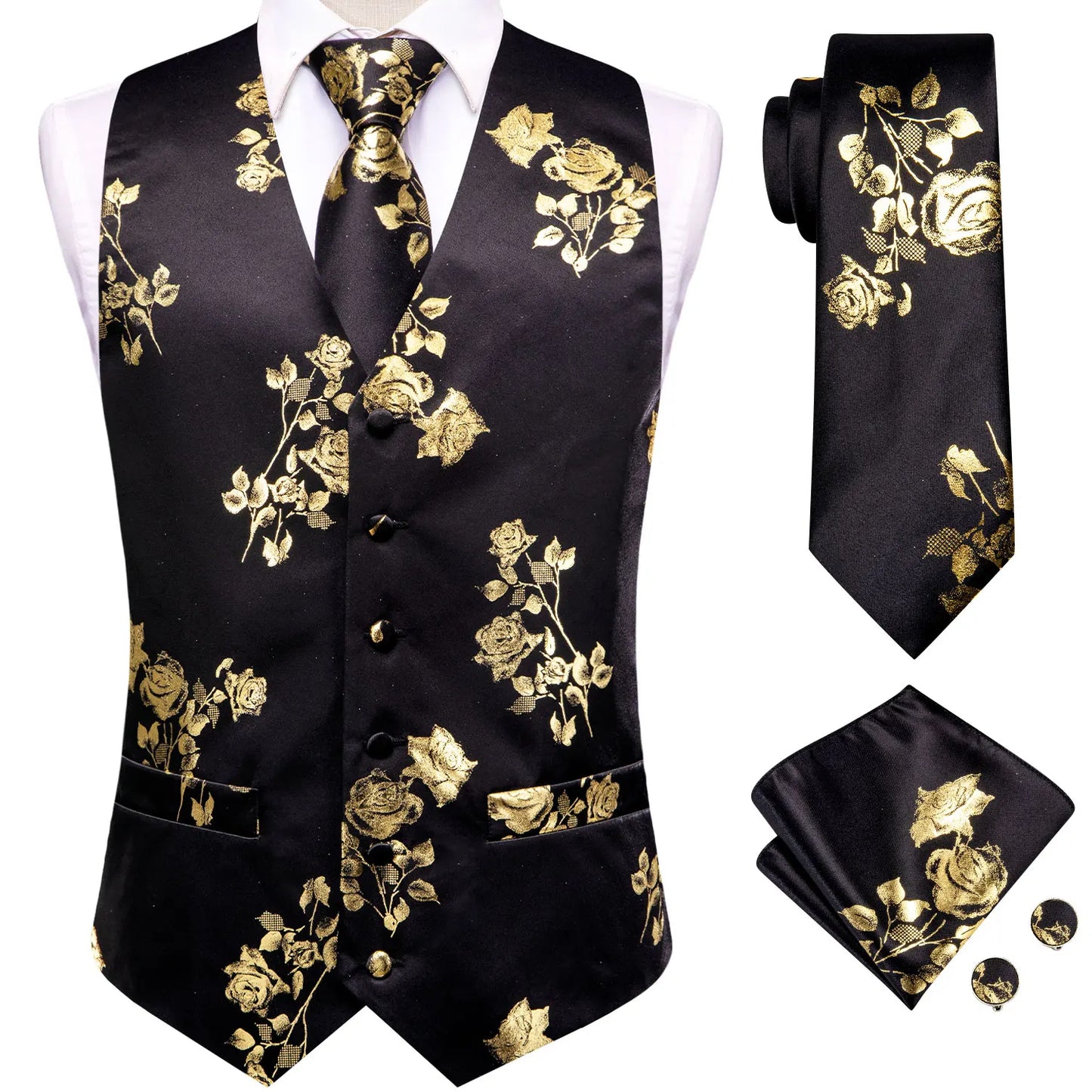 Hi-Tie Black Red Floral Mens Vest Tie Set Jacquard Waistcoat Sleeveless Jacket Necktie Hanky Cufflinks Wedding Business XXL