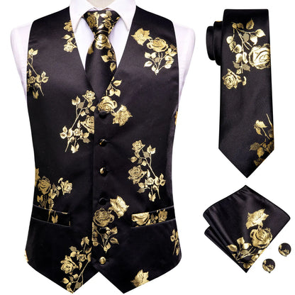 Luxury Gold Black Mens Vests Print Jacquard Waistcoat Tie Hanky Cufflinks Brooch Set for Men Wedding Formal Business Hi-Tie