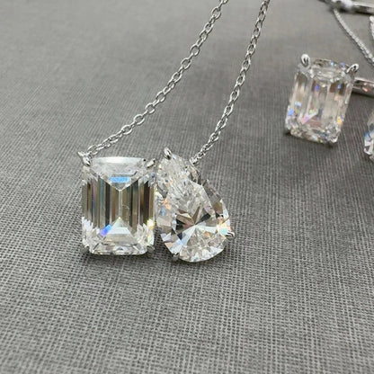 5cttw Radiant/Emerald Pear Cut Moissanite Diamond Pendant Necklace for Women  Certified 925 Silver 2-Stone Clavicle Neckchain