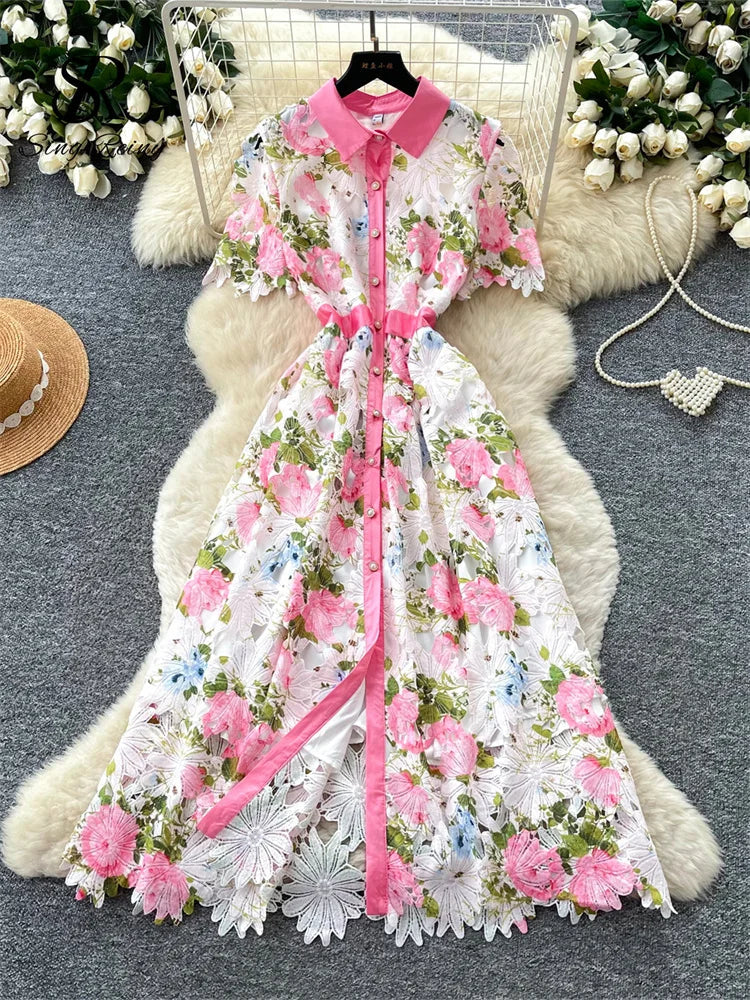 Embroidery Flower Vacation Dress French Style Blet Lapel Slim High Quality Hollow Out Ladies Elegant A-line Long Dress