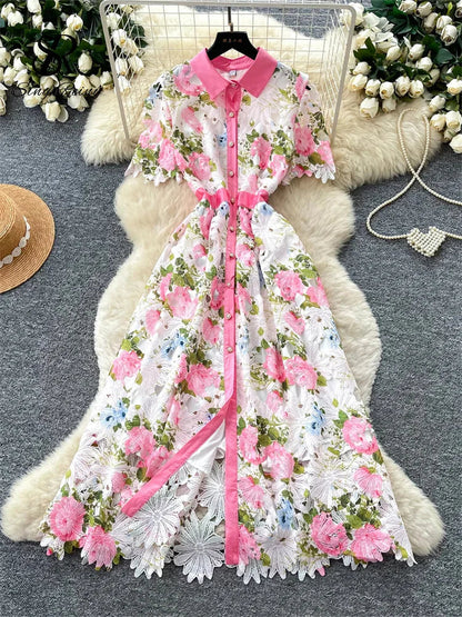 Embroidery Flower Vacation Dress French Style Blet Lapel Slim High Quality Hollow Out Ladies Elegant A-line Long Dress