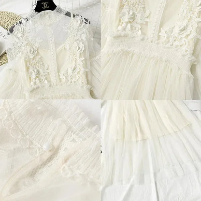 Lace Flower Mesh Summer Dress Women Lantern Sleeve White Casual Dresses Female Party Vintage Slim Women Dress 2 Piece Sets 12041