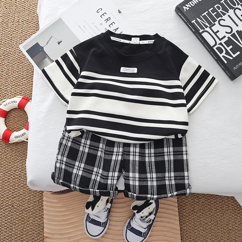 Boys clothing set summer Korean style striped T-shirt checkered shorts fashionable children's cotton 2 piece casual baby clothes
