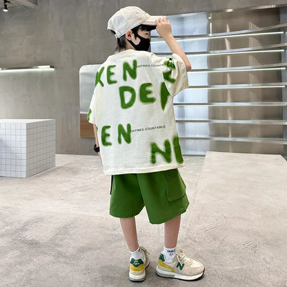 New Fashion Tween Boys Summer Sets Clothing Kids Cotton T-shirt Shorts 2 Pieces Tracksuit Age 5 6 7 8 9 10 11 12 13 14 Years Old