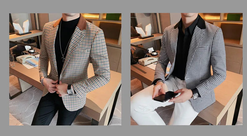 2024 Autumn Winter Korean  Houndstooth Blazer Jackets Fashion Color Matching Lapel Design Casual Men's Plaid Suit Coat Tuxedo