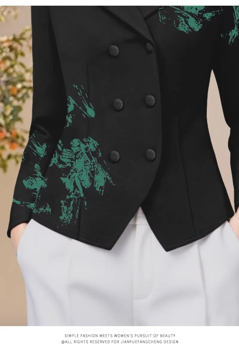 Women's Elegant Black Blazer - Double Breasted Green Print Notched Lapel Office Wear Blazer 2026