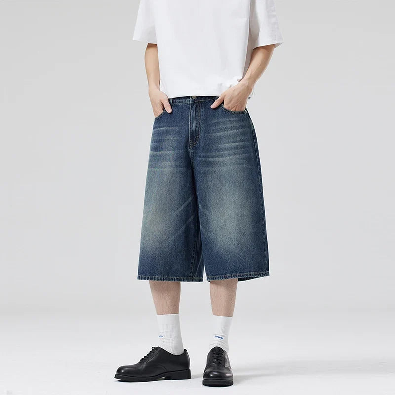 Summer New Fashion Denim Shorts Loose Straight Casual Vintage American Personality Jeans Streetwear Male Short Pants