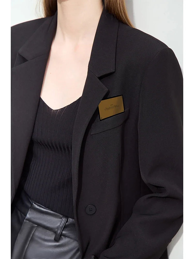 Minimalism Women's Blazers 2025 Autumn New Lapel Collar Shoulder Pad Fashion Slit Mid-length Basic Female Jackets 12443096