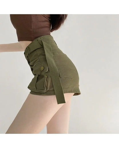 Women Military Green Denim Cargo Shorts Summer High Waisted Loose Wide Leg Y2K Hot Girl Casual Short Pants with Pockets