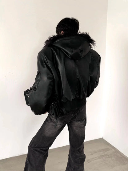 Spring Autumn Cool Short Oversized Black Warm Pu Leather Jacket Men with Faux Fur Trim Hood Luxury Designer Clothes