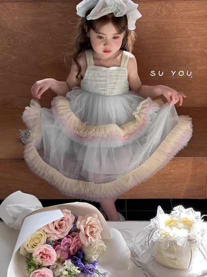 Sweet Baby Girls Elegant Rainbow Gradient Tutu Princess Cake Sundress Kids Tulle Ruffle Trim Puffy Birthday Party Casual Gown