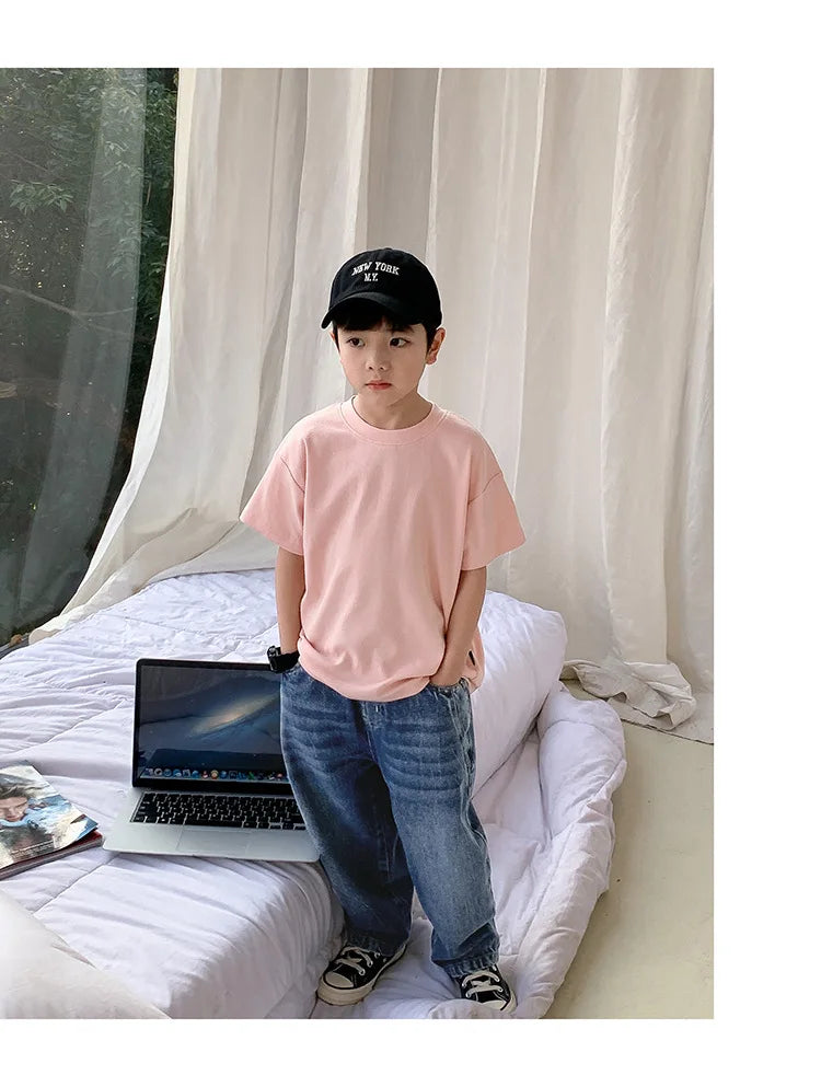 Summer Casual School Kids Cotton Plain Tee Tops Baby and Boys Short-Sleeved T-Shirt Children Outfit Clothing 1-16 Years