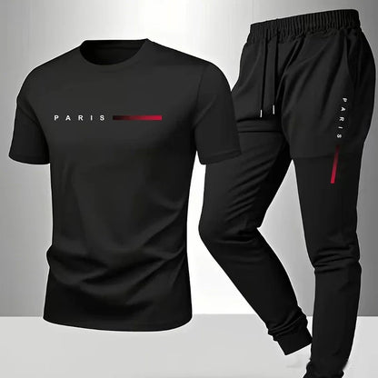 PARIS Men s casual suit spring and summer new style letter print American trend sports fashion short sleeved pants two-piece set