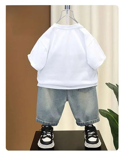 New Summer Casual Boys Clothing Set Handsome Letter Short Sleeve T-shirt + Shorts Jeans Outfit For Kids 2-8 Years Children Suits