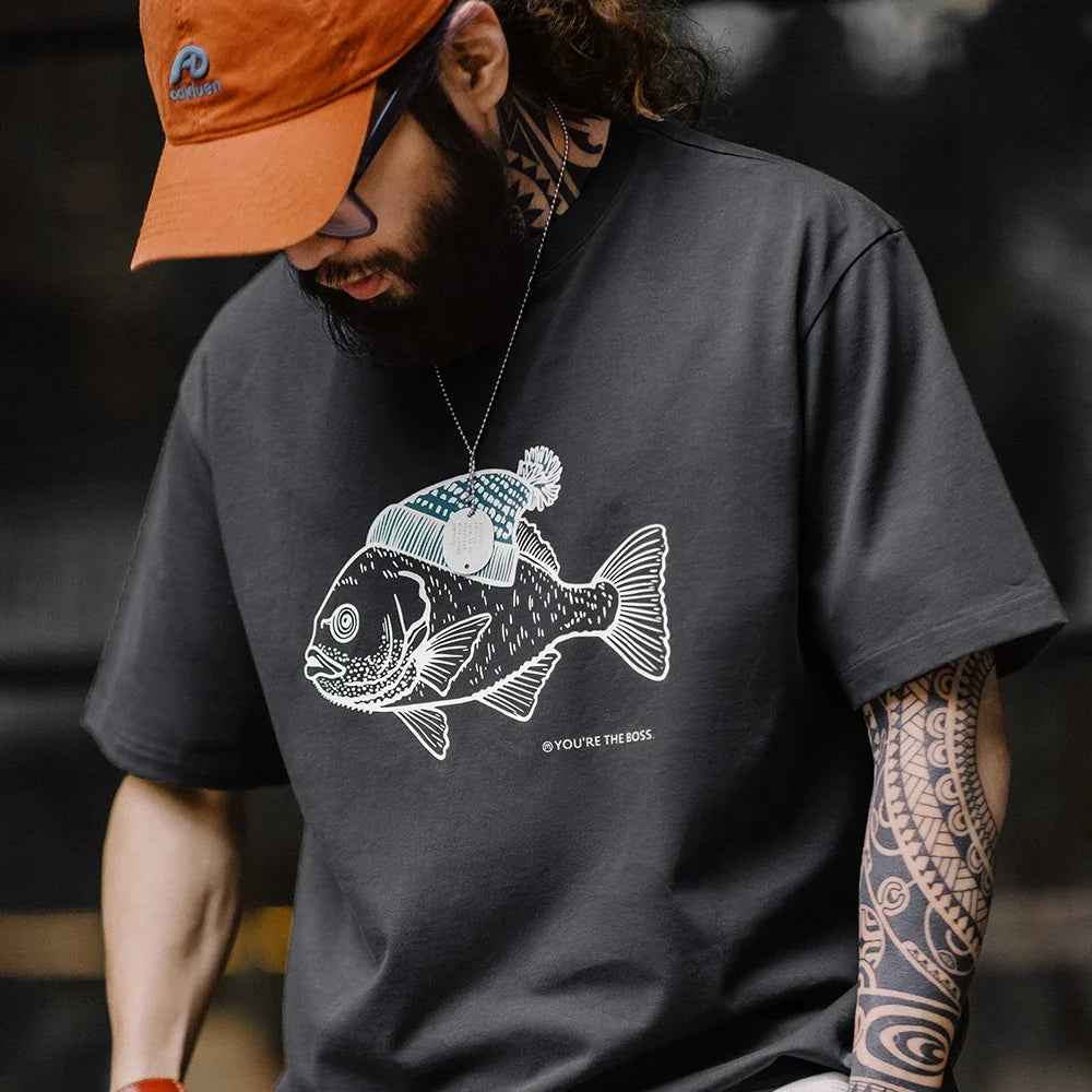 Deep-Sea Fish Printed T-shirt for Men Cotton O-Neck Short Sleeve T Shirts Creative Animal Pattern Tees Summer Casual Tops