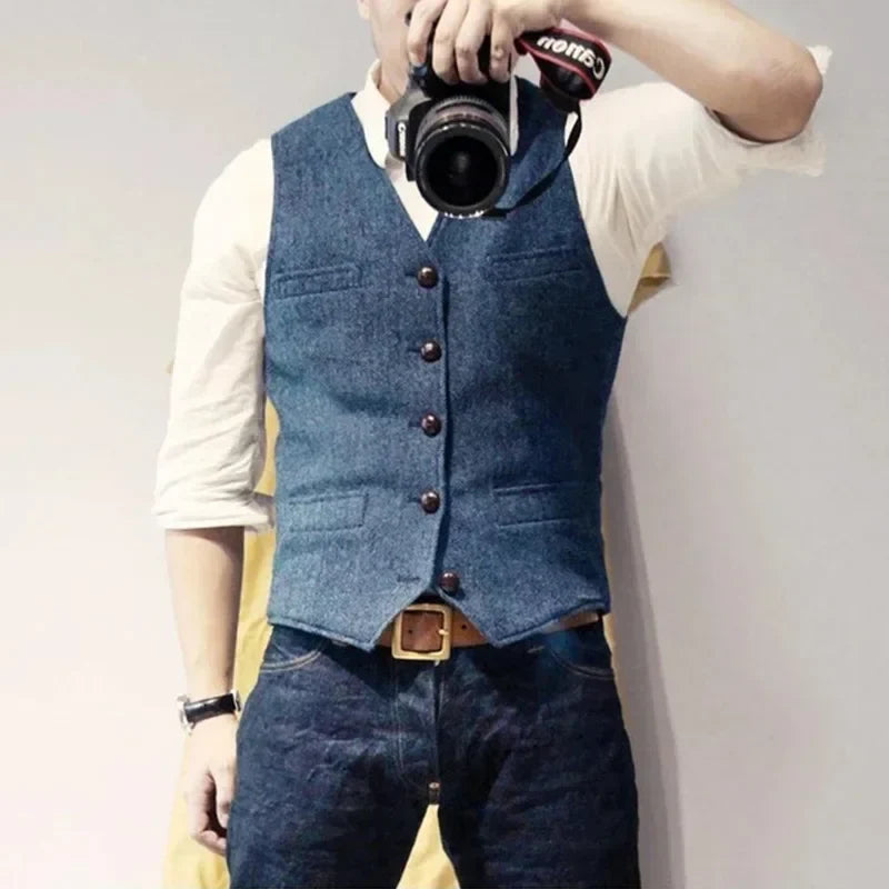 Mens Suit Vest Tweed Retro V Neck Wool Herringbone Waistcoat for Prom Single Breasted Males Dress Suit Vest Plus Size