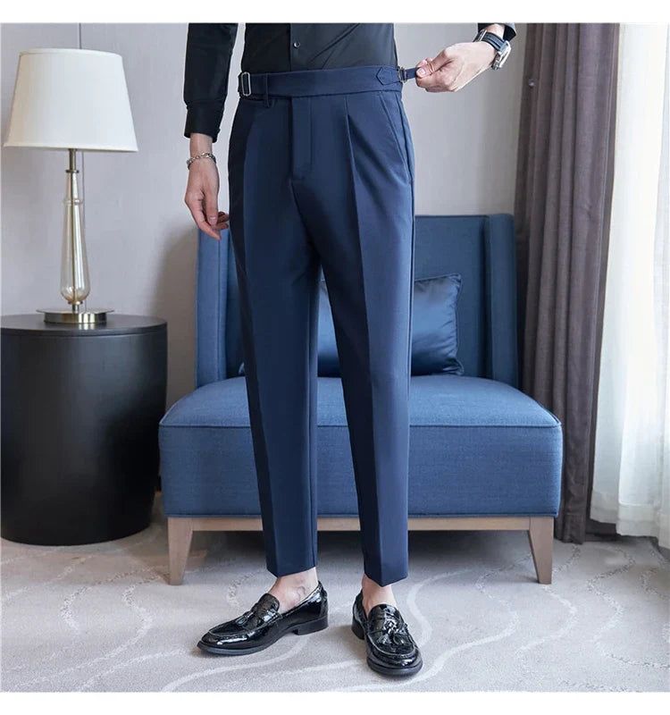 2026 Texture Naples Men's Solid Color Casual Pants Fashion Belt Design Slim Fit Suit Pants Formal Wear Wedding Social Trousers