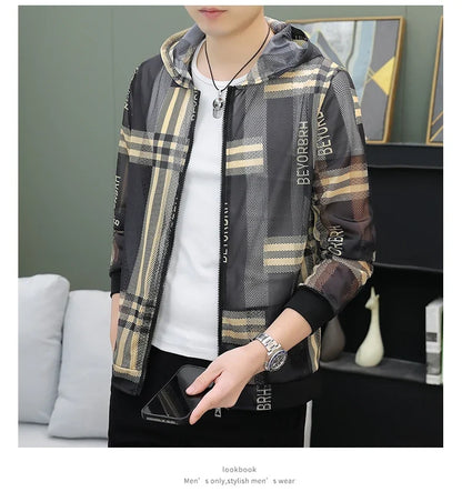Men's Summer Mesh Sun Protection Clothing Trendy Stripe Print Ice Silk Cool Feeling Breathable Quick Dry Hooded Jacket