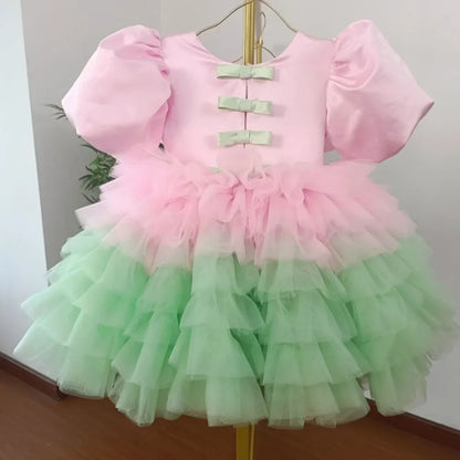Elegant Flower Girl Dress Gold Kids Princess Birthday Wedding Party White Pink Children Holiday Pageant Ball Gown