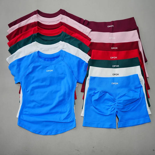 DFDK Women 2PCS Seamless Sports Suit Short Sleeve Yoga Top High Waist Shorts Quick Dry Fitness Running Workout Sportswear Set