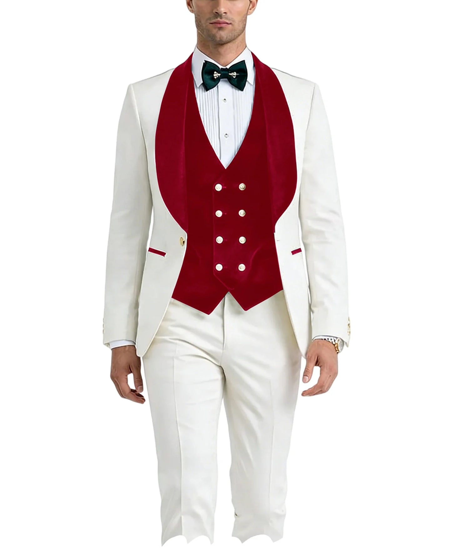 Men White Tuxedo Suit 3 Piece Shawl Lapel Slim Fit 1 Button Velvet Collar Patched Blazer Vest Pants Set for Wedding Party Groom