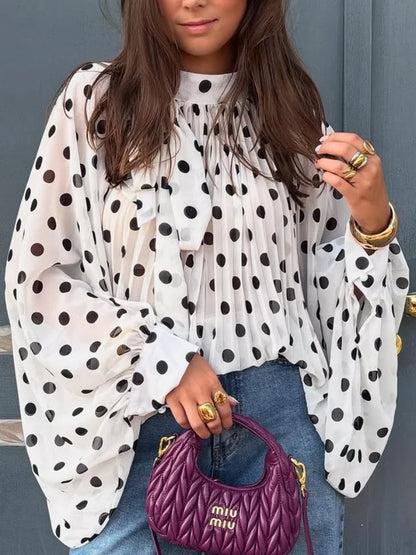 Elegant Retro Polka Dot Lace Up Shirt Women Long Lantern Sleeve Hollow-out Translucent Loose Blouse 2026 Lady Daily Commute Top
