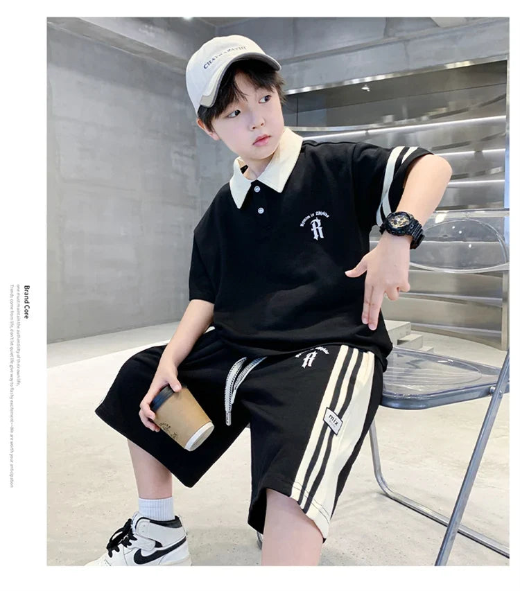 Boys Set Summer Children Clothing Korean Style Costumes Cotton Polo Shirt Shorts 2pcs Kids Casual Outfits Tracksuit Age 5-14 Y