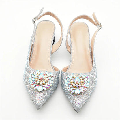Luxury Designer Silver Italian Matching Shoes and Bag Set Decorated with Rhinestone Shoe and Bag Set for Party in Women Nigerian