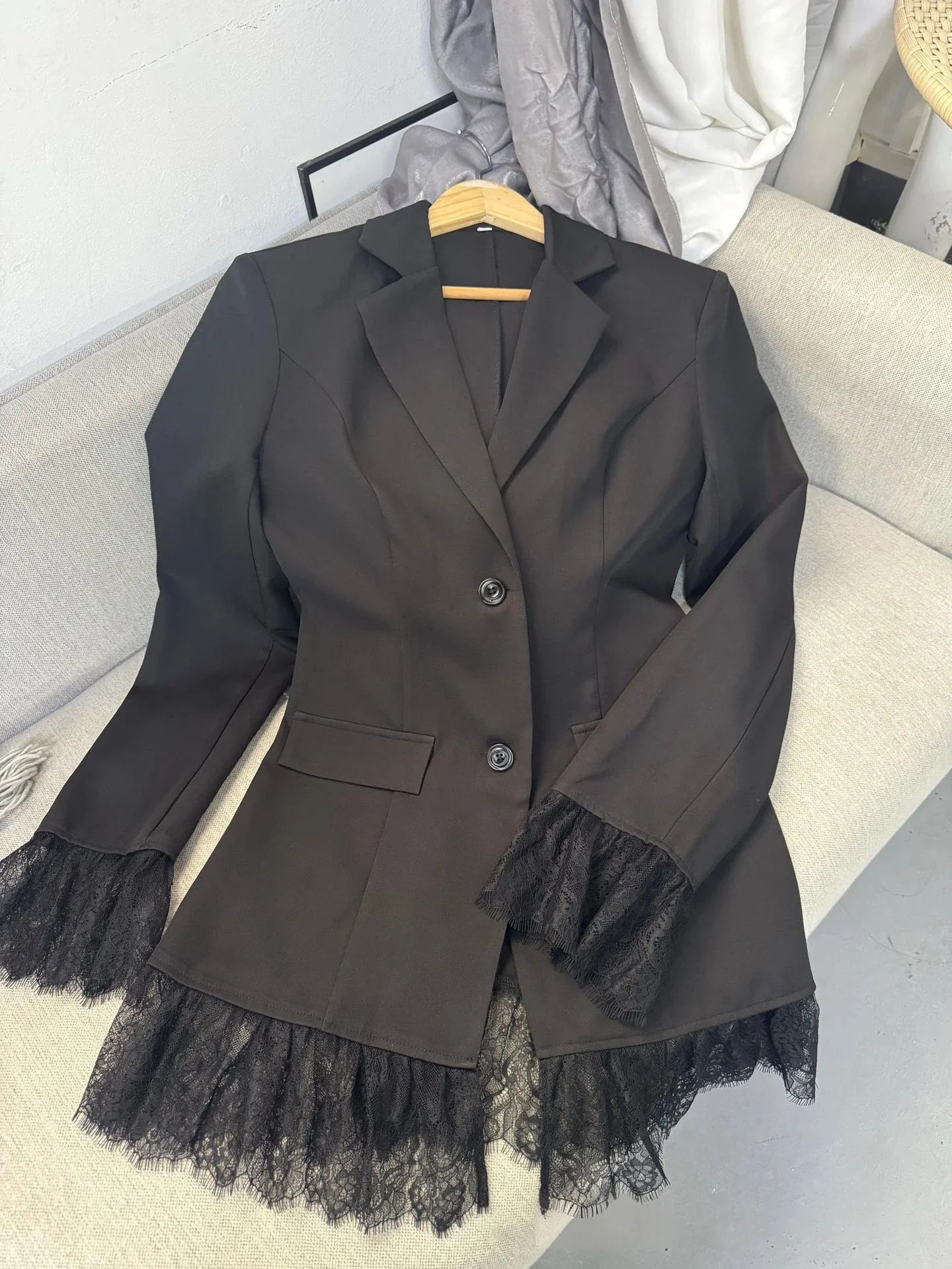 Elegant Lace Blazer Coat Women Fashion Office Lady Full Sleeve Single Breasted Jackets 2025 New Autumn Black Casual Slim Coats