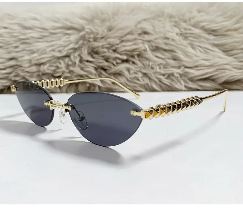 2026 Cat Eye Rivet Rimless Sunglasses Women Luxury Fashion Brand Oval Narrow Sun Glasses Shades Trendy Elegant Unique Eyewear