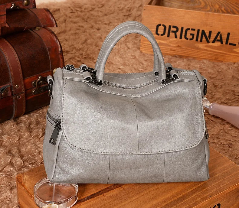 Women Natural Leather Handbags Female Bag High Quality Solid Color Zipper Shoulder Crossbody Bag Cowhide Tote Top-Handle Bags