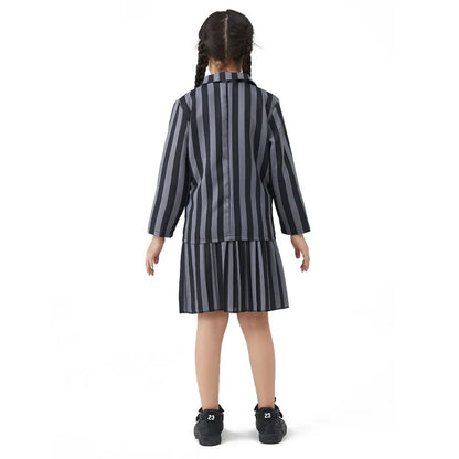Girl Addams Family Halloween Cosplay Costume Girls Gray Purple Wednesday Addams Uniform Suit Skirts Wig Hand Wednesday Clothes
