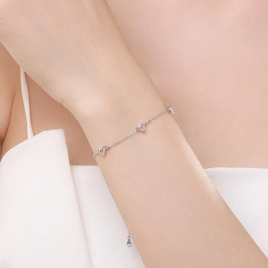 Authentique bracelet de luxe en zircone aux couleurs de l'arc-en-ciel, breloques en cœurs et maillons, pour femme, bijoux en cristal pour anniversaire
